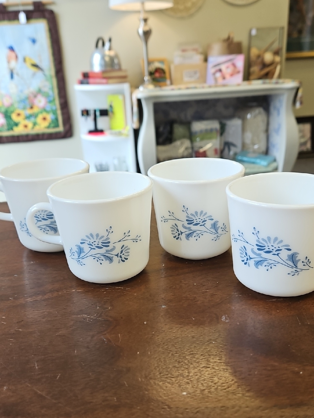 Corningware White Mugs with Blue Floral Pattern - Set of 4